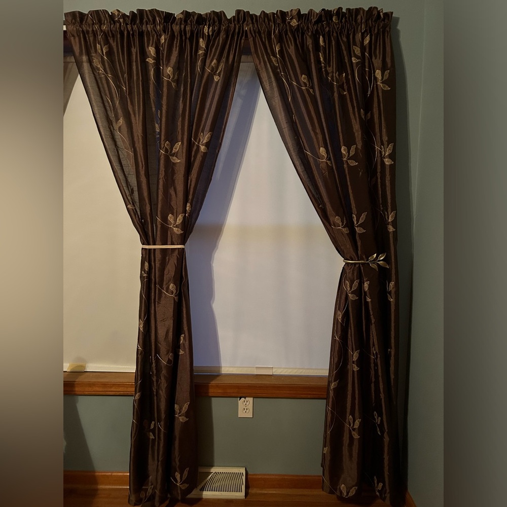 3-55” x 81” semi sheer embroidered curtains and 2 leaf shaped curtain holdbacks
